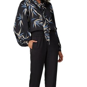 Equipment Black Blouse with Blue and Tan Leaf Pattern